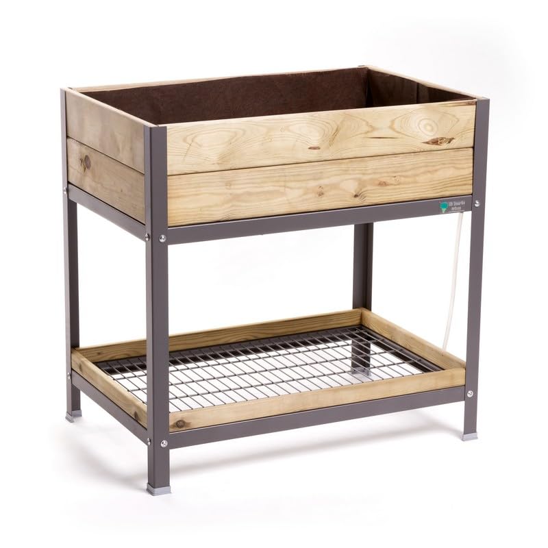 Jardinera Elevada Madera con Bandeja Recoge Aguas | Estructura Metálica | Mesa Cultivar Plantas Terraza Jardín Balcón Exterior | Gris | Huerto Alto - 90x60x90 cm
