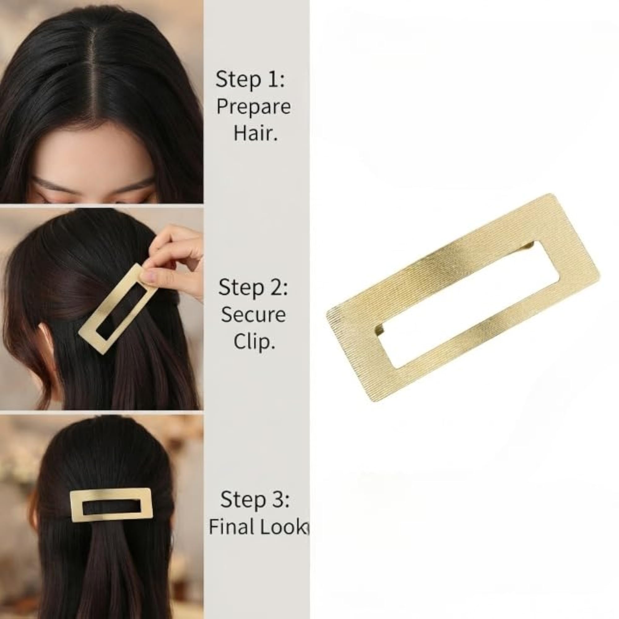 Gold Rectangular Metal Hair Barrette Clip for Women and Girls