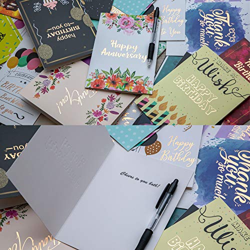 60 Rose Gold Foiled Birthday Cards w/Assorted All Occasion Greeting Cards - All Unique Design, Big 5”x7”, Thank You, Anniversary Cards, Simple Message Inside, Magnetic Box Variety Set w/Thick Envelope