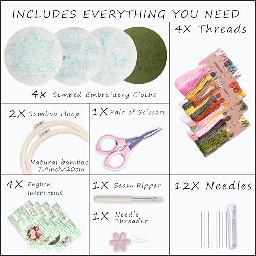 Image of Bonroy 4 Sets Embroidery Set for Beginners, Art Craft, Easy Sewing Embroidery Kit Includes Embroidered Clothes with Patterns, Embroidery Hoops, Instruction Manual, Color Stitch Set (3)