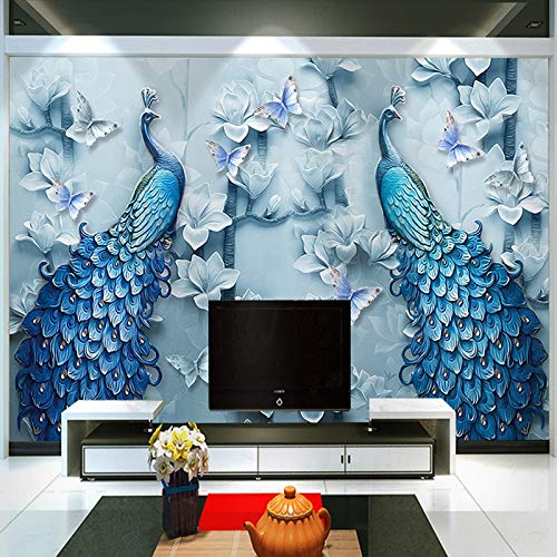 JJESC C 3D Embossed Blue Peacock Oil Painting Mural Wallpaper Living Room TV Sofa Hotel Background Wallpaper Classic Decor
