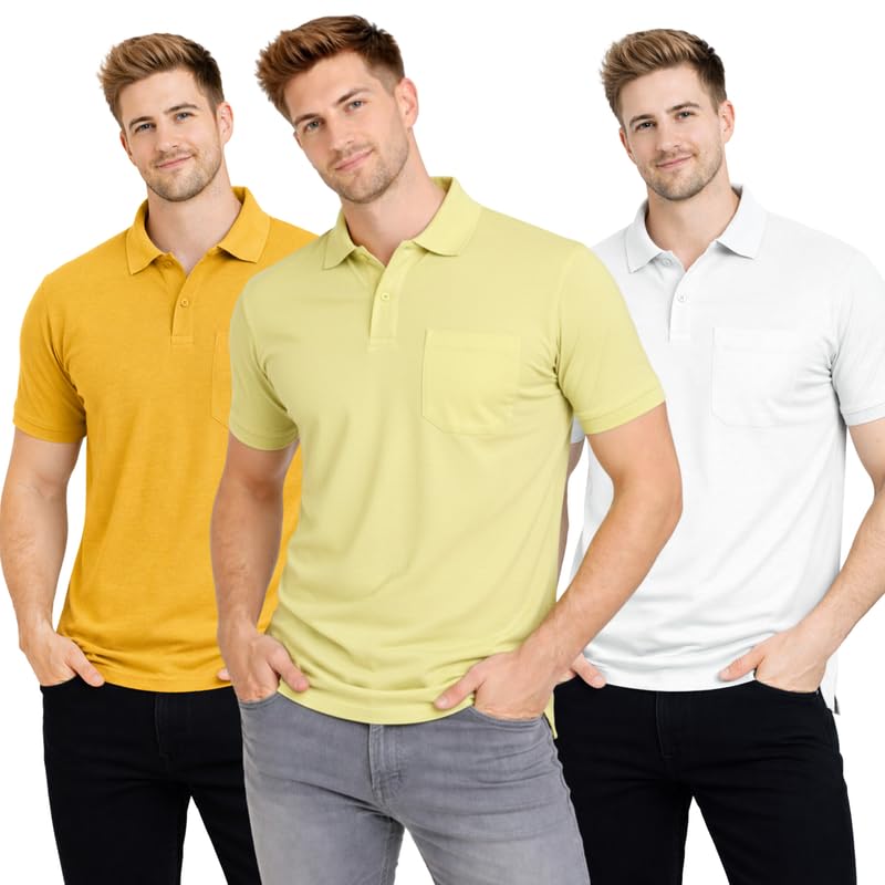 Image of SMAN Polo Neck T-Shirt Pack of 3 for Men & Boys | Half Sleeve Collar Tee with Pocket | Premium Spun Matty Fabric | Casual & Office Wear | Sizes M to 2XL | FX PO3 MCR LMN WHT