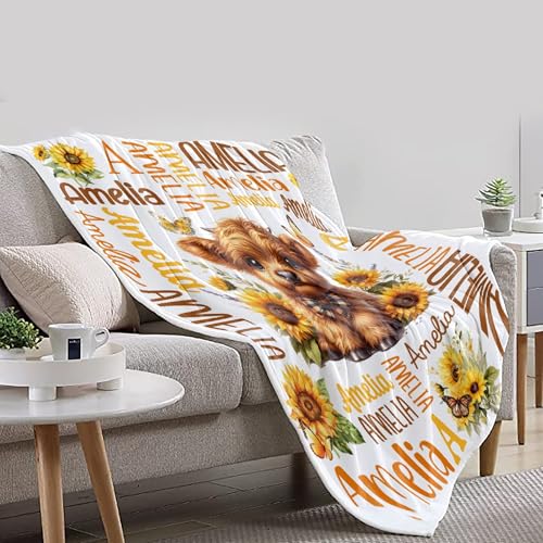 Image of Personalized Cow Sunflower Blanket, Custom Cow Gifts for Kids Adults, Soft Flannel Throws with Floral Print Decoration,40 inchx50 inch