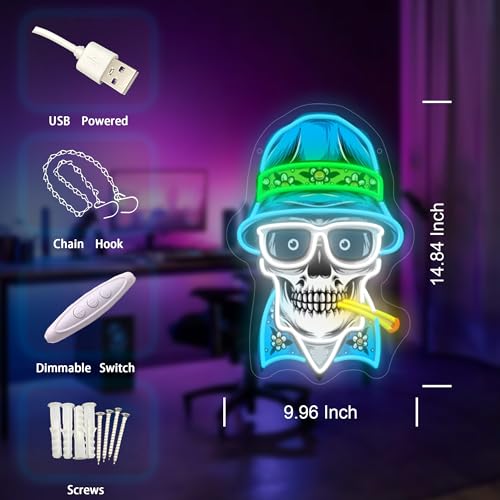 Image of Hats, Bones & Smoke Rings LED Neon Sign USB Powered for Wall Decor, Skull Neon Night Light Sign Dimmable for Boys Room Party Decor Halloween Birthday Gifts