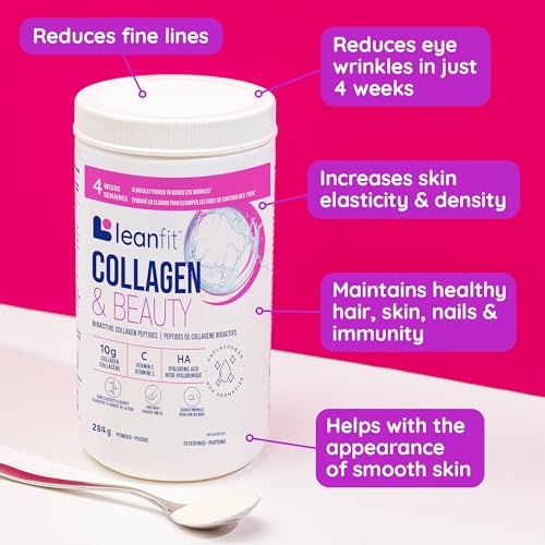 LEANFIT COLLAGEN & BEAUTY Unflavoured - 10g Bioactive Collagen Peptides Powder + Vitamin C + Hyaluronic Acid - Clinically Proven to Reduce Eye Wrinkles in Just 4 Weeks - 28 Servings, 284g Tub - Image 3