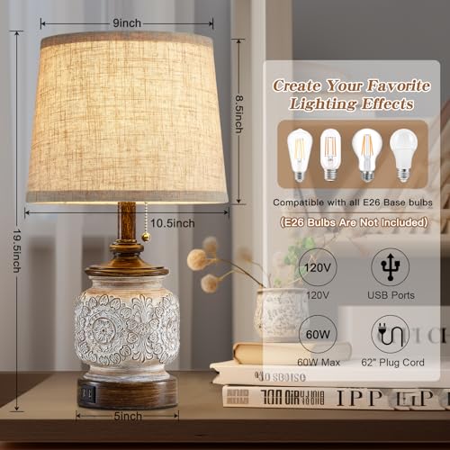 195-Farmhouse-Bedside-Table-Lamps-Set-of-2-Rustic-Lamps-for-Nightstand-Bedroom-with-USB-Ports-Vintage-Traditional-White-Carved-Floral-Night-Light-Lamps-for-Living-Room-End-Tables-Decor 195 Farmhouse Bedside Table Lamps Set of 2 Rustic Lamps for Nightstand Bedroom with USB Ports Vintage Traditional White Carved Floral Night Light Lamps for Living Room End Tables Decor