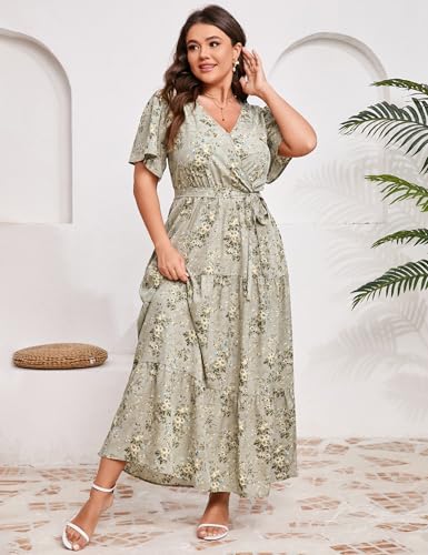 Image of ShopWonder Womens Plus Size V Neck Wrap Maxi Dress High Waist Ruffle Summer Casual Dress with Belt