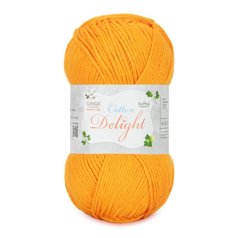 Image of Ganga Acrowools Cotton Delight, Dk Weight Cotton Yarn, Oekotex Class L Certified 100G, 169M, Pack of 1 Ball - 100gm Each, Shade No. - COD096 Bright Orange