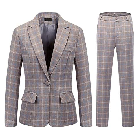Grey Plaid Women's Blazer and Pants Set Cover