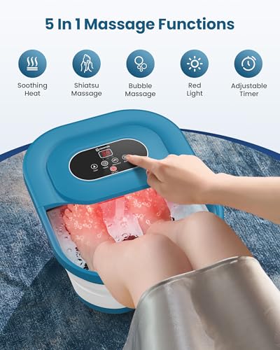 Weißes COMFIER Fußmassagegerät gefaltet auf 10 cm Höhe mit Tragegriff - Detailansicht von COMFIER Fußsprudelbad Massa...