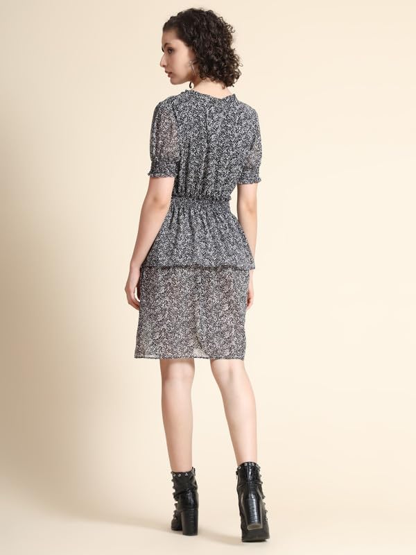 Image of Cicica Women's Black Georgette Textured Print Layered Western Dress | Dress for Women | A line Dress | Winter Dress | Western Dress | Women Dress | Trendy Dress | Midi Dress