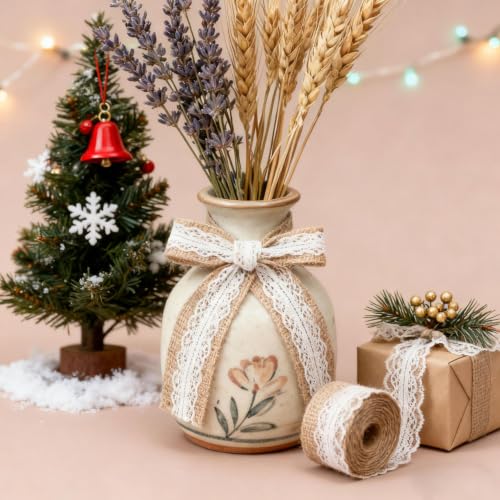 2 Inch Wide Natural Burlap & White Lace Ribbon for Christmas Gift Bows，A - image 7