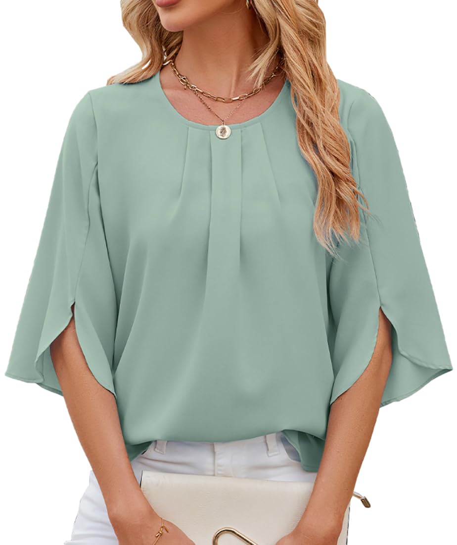 OLIPHEE Blusa De Mujer Camisa Elegante Manga De Volante Cuello Redondo Color Liso Camiseta Casual Holgada Primavera Verano