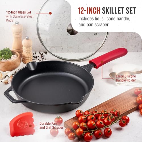 Image of Victoria 12-Inch Cast Iron Skillet Set with Tempered Glass Lid, Large Handle Cover, and Pan Scraper