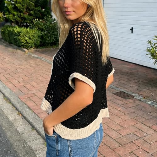 Image of Women Floral Crochet Sweater Short Sleeve Crewneck Hollow Out Lightweight Knit Pullover Tops 2025 Summer Beach Cover Ups