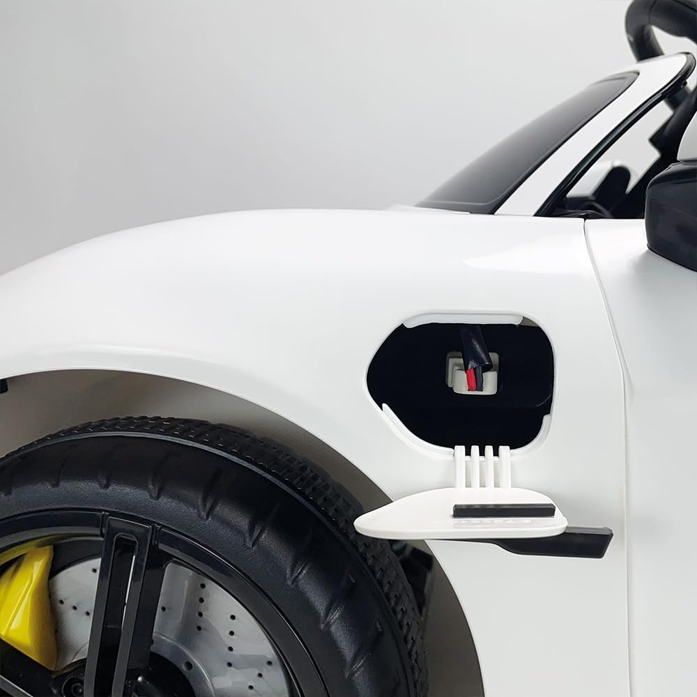 INJUSA Samochód elektryczny Porsche Taycan 12 V, dla dzieci w wieku od 2 do 4 lat, oświetlenie, hałas, bieg wsteczny, pilot zdalnego sterowania, akumulator i ładowarka w zestawie, 6 km/h, biały