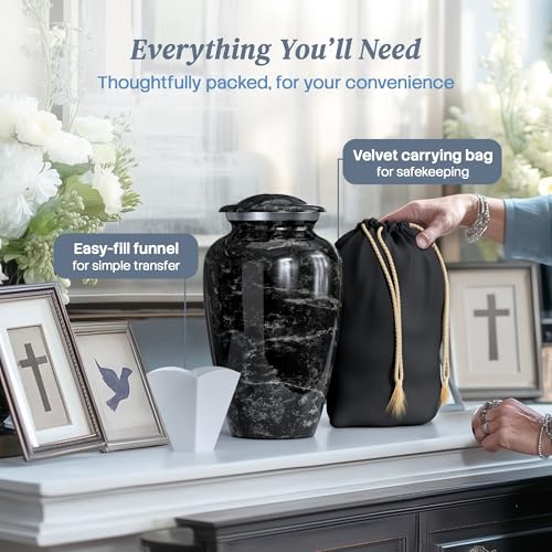 Image of Large Handcrafted Urn for Ashes Adult Male and Female - Cremation Urns for Human Ashes Adult Man and Woman - Decorative Funeral Urns - Memorial Urn with Black Marble Finish - Large (10.5 inch H x 6.25 inch W)