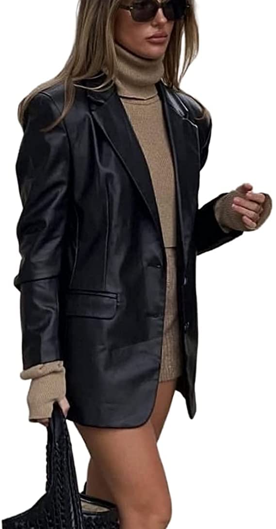 Aurlust Faux Leather Blazers Suit Leather Jackets For Women Black