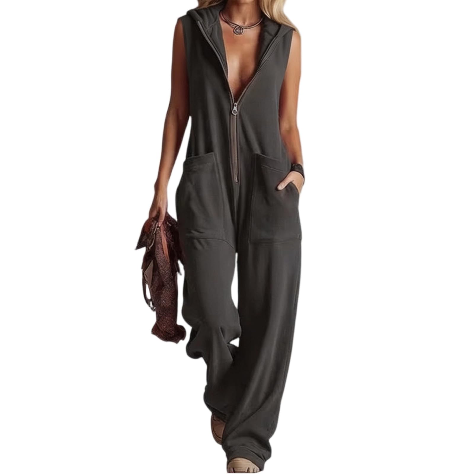 Jumpsuit Damen Sommer Lang Jogginganzug mit Kapuze Overall mit Reißverschluss Einteiler Elegant Leicht Freizeitanzug V Ausschnitt Romper Ärmellos Baggy Playsuit Sport Onesie Frauen Weites Bein