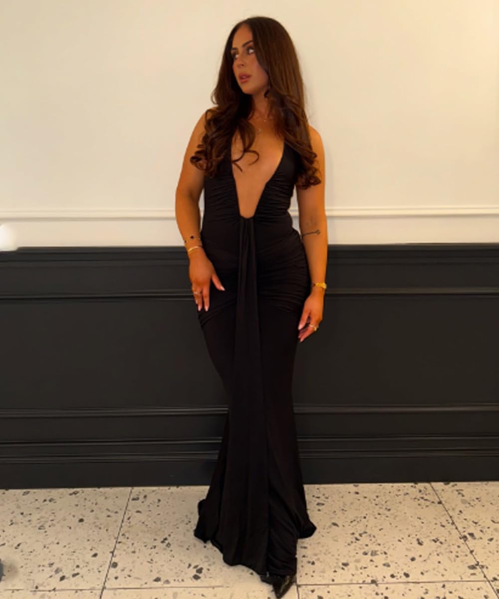 Women's Sexy Deep V-Neck Maxi Dress Sleeveless Halter Ruched Bodycon Formal Cocktail Party Evening Dresses - Image 6