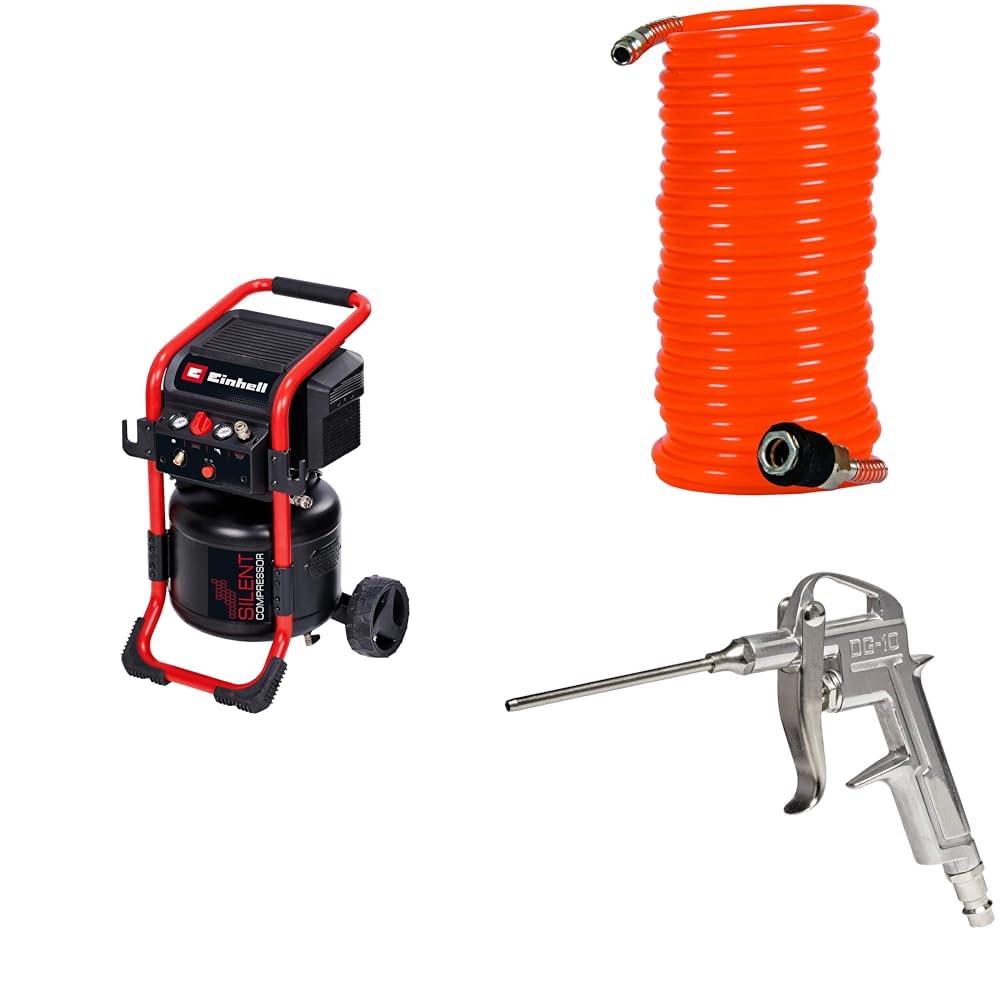 Einhell TE-AC 240/24 Silent, Sessiz Hava Kompresörü (Yağsız) + Spiral Hortum 6mm, 8 m + Hava Tabancası- Uzun