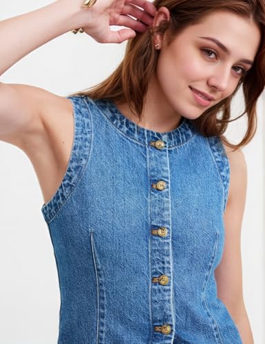 Women's Denim Vest Sleeveless Button Down Casual Jean Crewneck Waistcoat Denim Top3