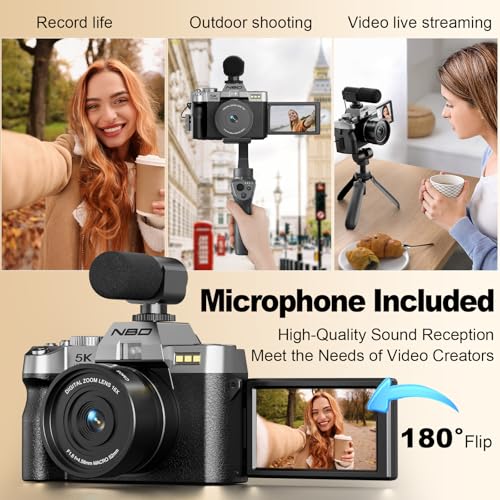 Image of NBD 5K Digital Cameras for Photography - 16X Zoom Travel Camera with 180 Flip Screen, 64MP Vlogging Cameras Fotograficas for YouTube, Auto Focus, Macro Lens, 2 Batteries & 64GB TF Card（Silver）