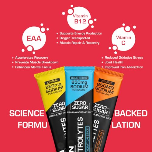 Image of OPN Electrolytes Assorted Flavours | Orange + Lemon + Blueberry 850mg Sodium | Zero Sugar | Vitamin C, B12 + EAA | (Pack of 2) 24 Sachets