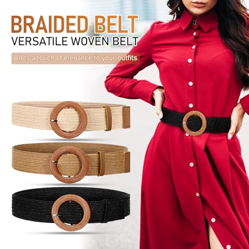 3pcs Woven Belt Boho Braided Wide Belts with Round Buckles for Dresses and Jeans Versatile Fashion Accessory for Women Classic Design Easy to Use Comfortable Fit3