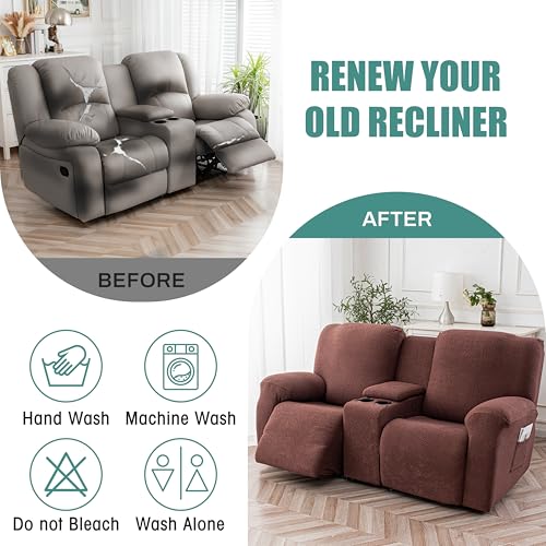 Image of Genina Recliner Loveseat Covers with Console, Stretch Reclining Sofa Covers, 2 Seater Couch Cushion Stripe Jacquard Recliner Slipcovers,Furniture Protector Covers for Pet (Chocolate)