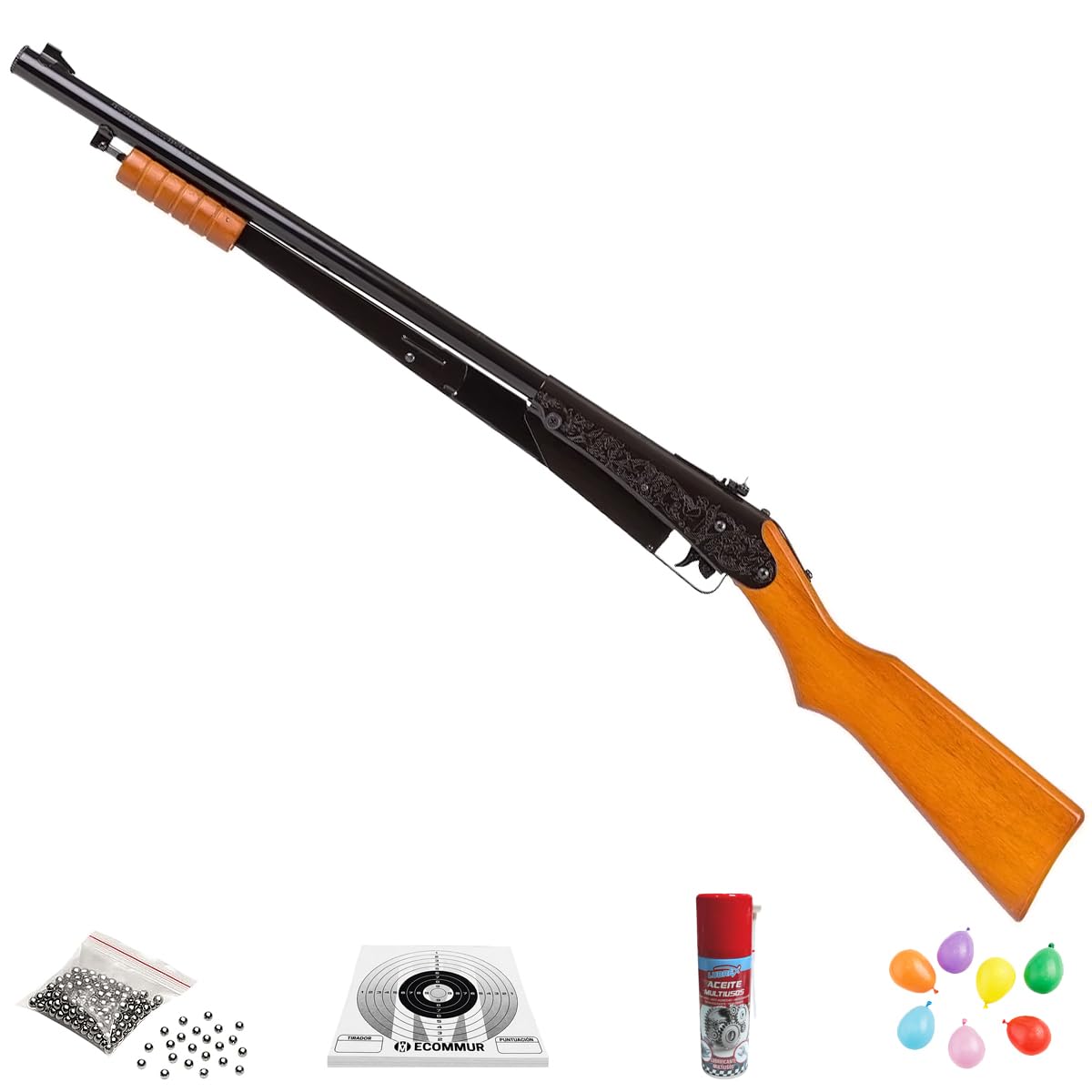 Mega Pack: Carabina Daisy 25 Pump Gun Muelle | Incluye: Escopeta de Aire comprimido + Aceite lubrex + 20 dianas + Bolsa Globos + 500 balines bb's Acero