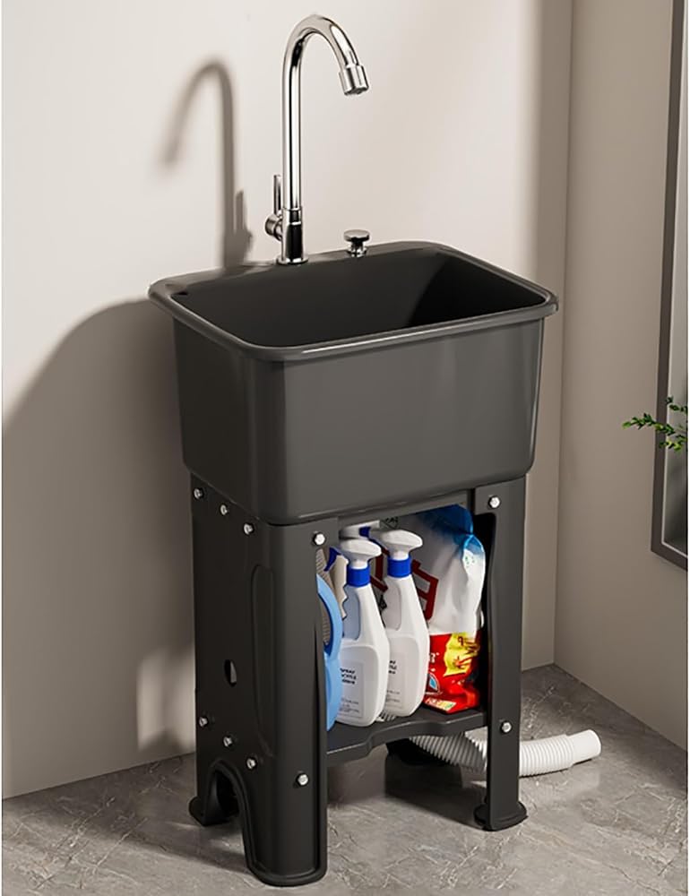 ZQFHSX Plastic Utility Sink - Free Standing Commercial Laundry with Faucet and Storage Shelves for Outdoor Garage Restaurant Kitchen