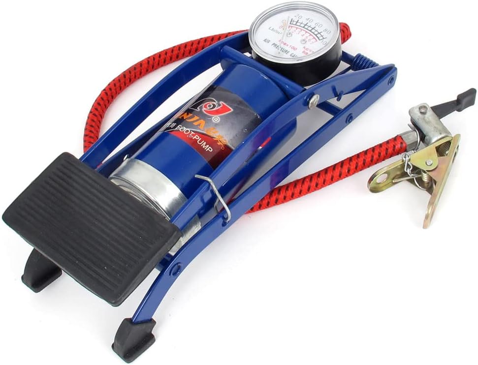 Vehicle Tire Bicycle Ball Foot Air Pump Inflator Pressure Gauge Blue