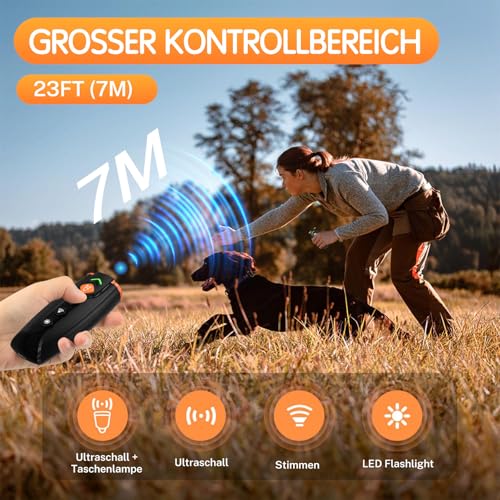 Antibellhalsband für Hunde, Anti-Bell-Gerät für Hunde, Wiederaufladbar Antibell Ultraschall Gerät mit 4 Modi, LED-Taschenlampe, 7m Reichweite, für kleine, Mittelgroße und Große Hunde (Schwarz.)