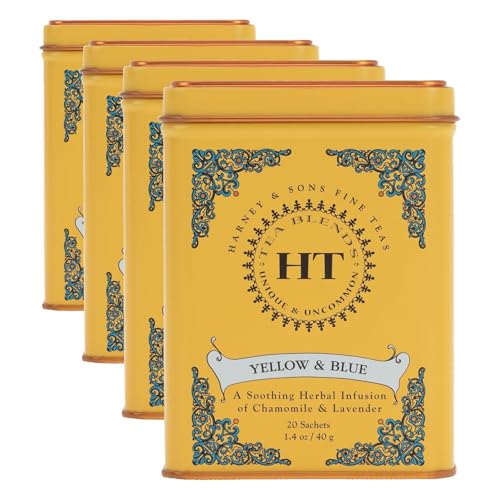 Image of Harney & Sons Master Yellow & Blue Tea Tin - Herbal Blend of Chamomile, Lavender, and Cornflowers - 1.4 Oz, 20 Count (Pack of 4)