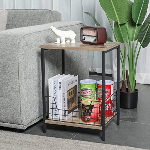 2-Tier Record Player Table, Industrial Retro Side Table Nightstand Small End Table For Living Room Bedroom Kitchen Office Small Spaces, Record Player Stand With Record Album Storage-Rustic Brown #TOP7