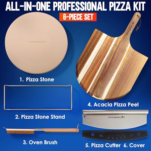 Image of KitchenStar 16-inch Pizza Making Set, 6 PCS - Pizza Stone + Stainless Steel Rack, Acacia Wood Pizza Peel, Pizza Cutter Rocker + Protective Cover, Metal Brush - Oven & Grill Accessories Kit