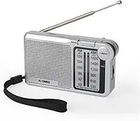 Rádio Portátil AM/FM, Rádio de Bolso, 2 Bandas, Alimentação por 2 Pilhas AA(Não inclusas) e Cabo USB tipo C, Antena e Entrada para Fone de Ouvido