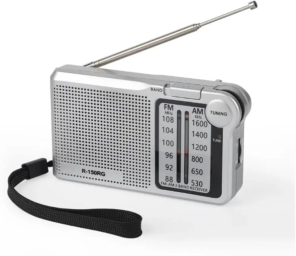 Rádio Portátil AM/FM, Rádio de Bolso, 2 Bandas, Alimentação por 2 Pilhas AA(Não inclusas) e Cabo USB tipo C, Antena e Entrada para Fone de Ouvido