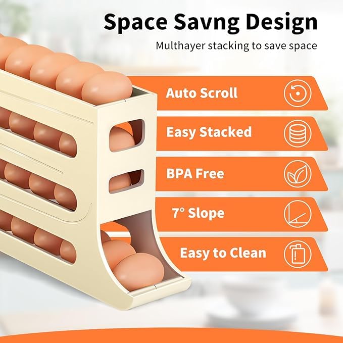 Image of Plastic Automatic Rolldown Refrigerator Rectangular 4 Tier Egg Rolling Dispenser, Holds Up To 30 Eggs, Holder For Fridge Storage - (OFF WHITE)