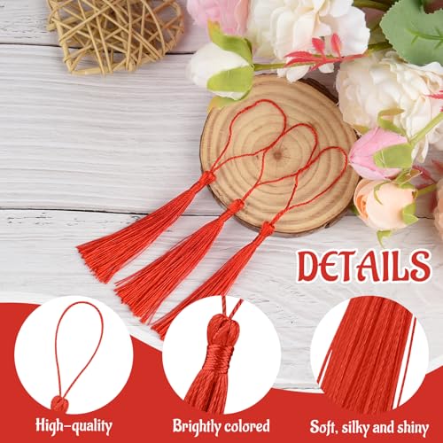 Image of 100 Pcs Bookmark Tassels Bulk Red Soft Craft Silky Handmade Mini Tassels for Jewelry Making with Loops for DIY Craft Accessory Dress Decoration