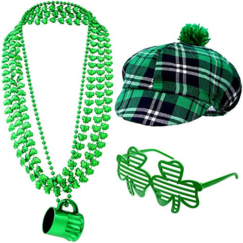 6 Pieces St. Patrick's Day Accessories Set, Includes St. Patrick's Day Green Plaid Hat, Beer Mug Bead Necklace, 3 Pieces Shamrock Bead Necklaces, Shamrock Glasses for Irish Party Supplies