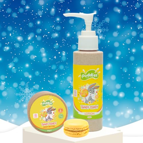 Puddles Organic Winter Lotion (100 ml), Body Butter (50 gm) & Lipbalm (8 gm) Combo For Kids | Tangy Candy – Age 2-12 Years | Cosmos Organic Certified | Tear-Free, pH Balanced, Sulfate-Paraben Free