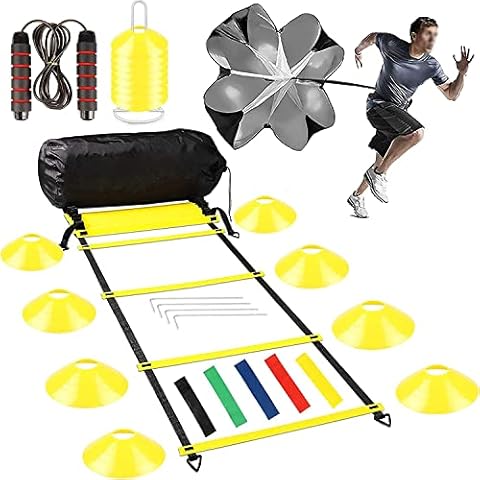 Fußball Trainingsset,Jewaytec Agility Speed Ladder,Koordinationsleiter,Fussball Training Trainingszubehör Set mit 8m Trainingsleiter,16 Sportkegel,Widerstand Fallschirm,Springseil,5 Widerstandsbänder Cover