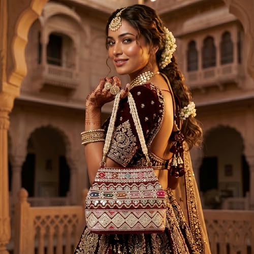 Image of PLANX Velvet SilK Stylish Embroidery Unique Design Traditional Ethnic Wedding Party Handheld Potli For Women