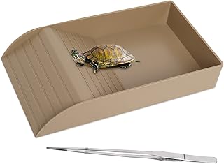 Reptile Feeding Dish with Ramp and Basking Platform Turtle Food Water Bowl Tortoise Ramp Bowl Amphibians Habitat Horned Frogs Lizards Fit for Bath, Included 1PC Forcep