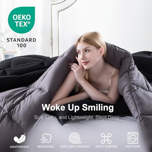 Image of KASENTEX Queen Comforter Set, Reversible,Goose Down Alternative,All Season | 250 GSM Fill, Ultra-Soft, Lightweight, Machine Washable, 1 Comforter + 2 Pillow Shams, Jet Black /Tornado