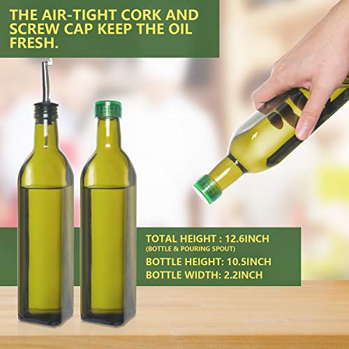 Rocinha Olive Oil Dispenser Bottle Set, Dark Green Olive Oil Bottle, Glass Olive Oil Bottle for Kitchen Cruet Set, Olive Oil Bottle with Stainless Steel Funnel, Pour Spouts, Labels,2 Pack 17oz