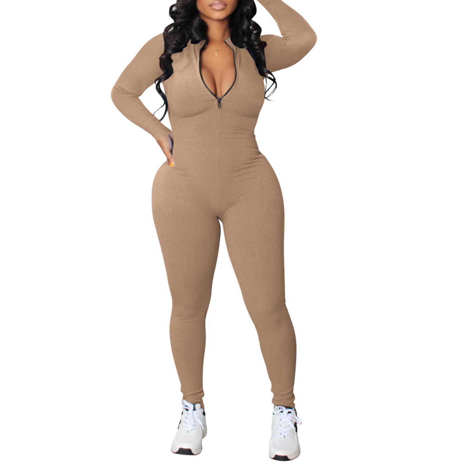CFWSHJ Jednoczęściowe kombinezony dla kobiet z długim rękawem seksowne zapinane na zamek prążkowane Bodycon Casual spodnie Unitard pajacyki stroje Clubwear