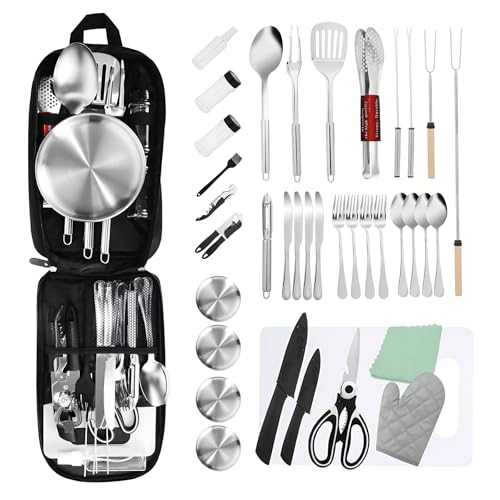Essential Camping Utensils Set, Campers Mess Gear Kit, Portable Stainless Steel Kitchen Accessories, Must Have Car Travel Cutlery, Cookware Cooking Tools Equipment, Outdoor Survival for Men and Women